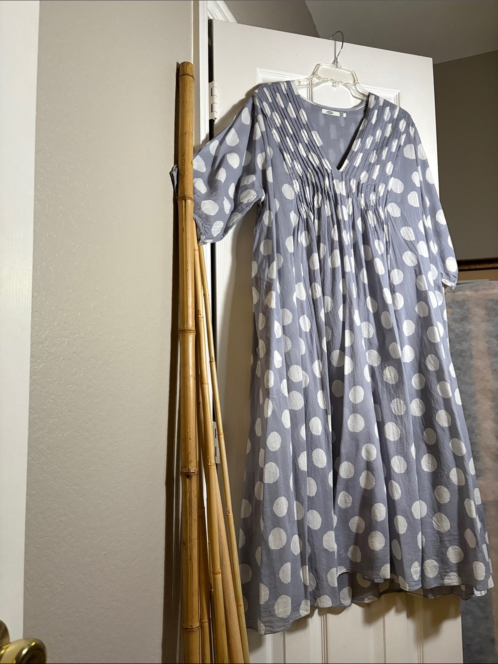 Woman’s Gray Polka Dot Cotton Dress with Pleated Front